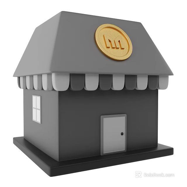Decorative Garden Ornament With Gray Roof Golden Emblem Striped Awning Window and Door 3d model 