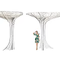 Modern White Tree Shaped Pergola Design With Mesh Canopy Lighted Structure And Woman Standing