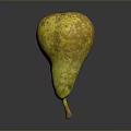 Ripe Yellowish Green Pear with Brown Spots on Dark Surface Showing Natural Texture and Reflection