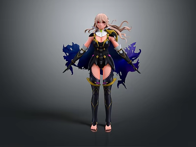 Game Movie Female Character Pink Long Hair Black Outfit Purple Yellow Accents Armor Back Decorations 3d model