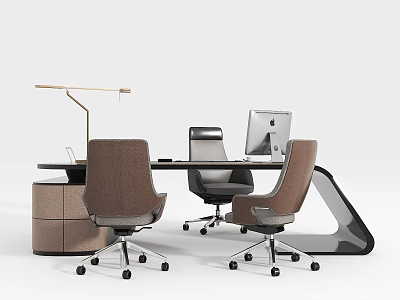 Modern Office Desk With Brown Ergonomic Chairs Computer Monitor And Desk Lamp 3d model