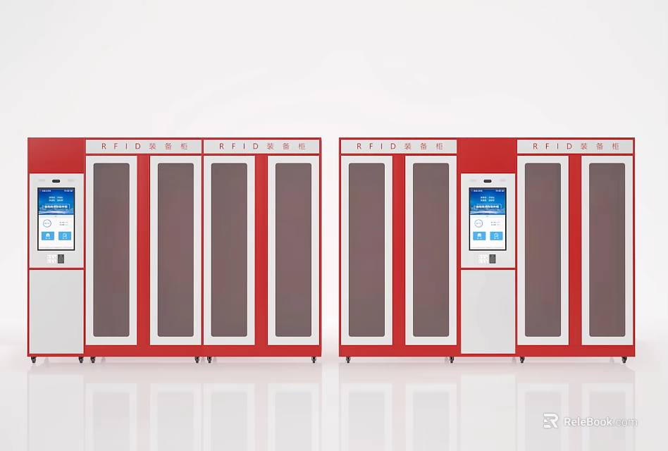 Red Smart Storage Lockers With Multiple Doors And Digital Screen Interface 3d model