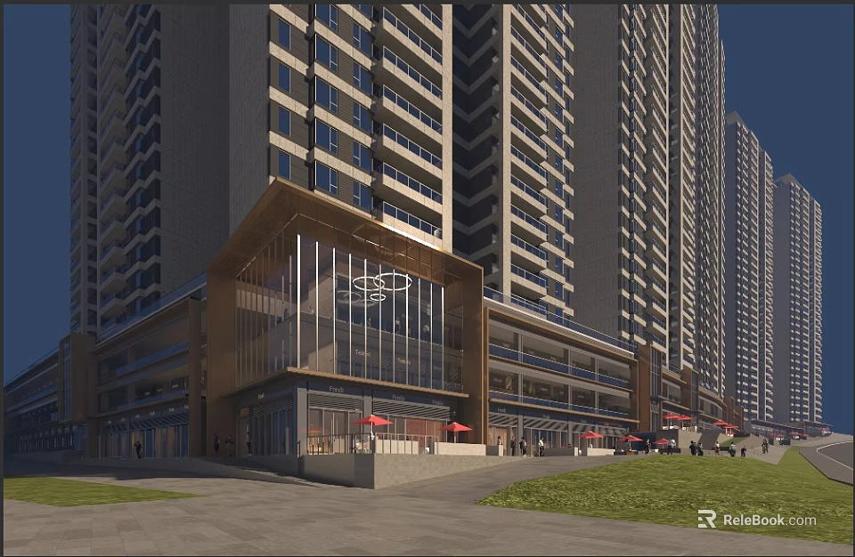 Modern Commercial Street With High Rise Buildings Glass Facade Pedestrian Area Red Umbrellas And Lawn 3d model 