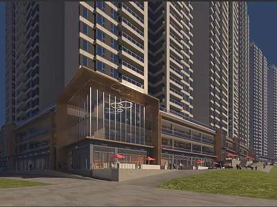 Modern Commercial Street With High Rise Buildings Glass Facade Pedestrian Area Red Umbrellas And Lawn 3d model