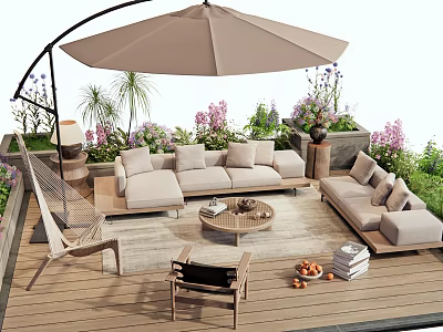 Outdoor Sofa With Beige Umbrella Patio Coffee Table And Lush Plants In Garden Area 3d model