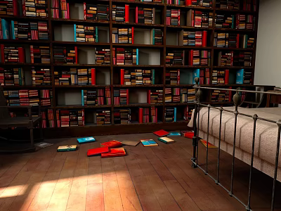 Room Interior With Full Bookshelves And Scattered Books On Floor And Bed 3d model