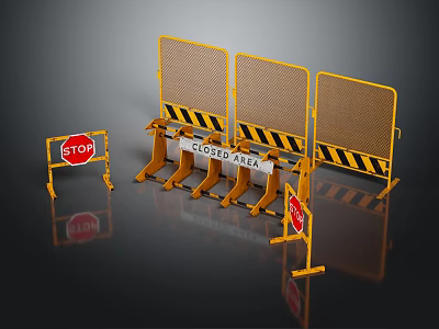 Yellow Movable Safety Barriers With Closed Area Signs Red Stop Signs And Warning Stripes 3d model