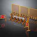 Yellow Movable Safety Barriers With Closed Area Signs Red Stop Signs And Warning Stripes