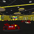 Vibrant Bumper Cars Play Area With Red Vehicles Yellow Black Striped Walls Circular Lights