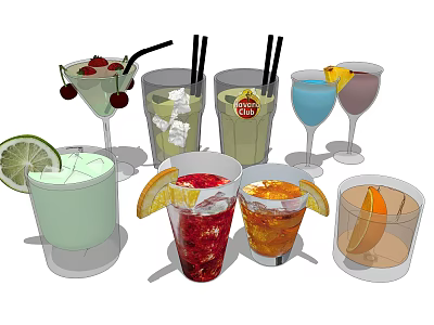 Various Refreshing Drinks in Different Glasses with Fruit Garnishes and Straws 3d model