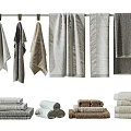 Soft Towels In Gray Beige Brown Tones Hanging And Folded On Rack 3d model