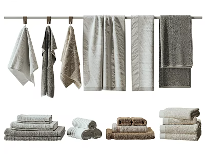 Soft Towels In Gray Beige Brown Tones Hanging And Folded On Rack 3d model