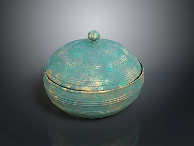 Teal Green Storage Container with Gold Striped Design and Round Lid Knob for Household Use 3d model