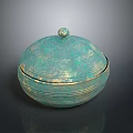 Teal Green Storage Container with Gold Striped Design and Round Lid Knob for Household Use