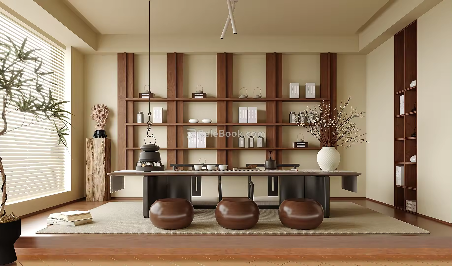 Modern Tea Room Study Tea Table and Chair Stool Bookshelf 3d model
