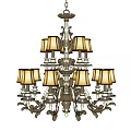 Classic Multi Tiered Chandelier With Fabric Shades And Ornate Metal Chain Design
