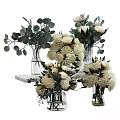 Decorative Ornamental Set With White Peony Bouquets Glass Vases And Eucalyptus Leaves On White Shelf
