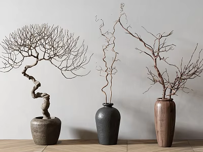 Three Decorative Branches In Ceramic And Wooden Vases For Minimalist Home Interior 3d model