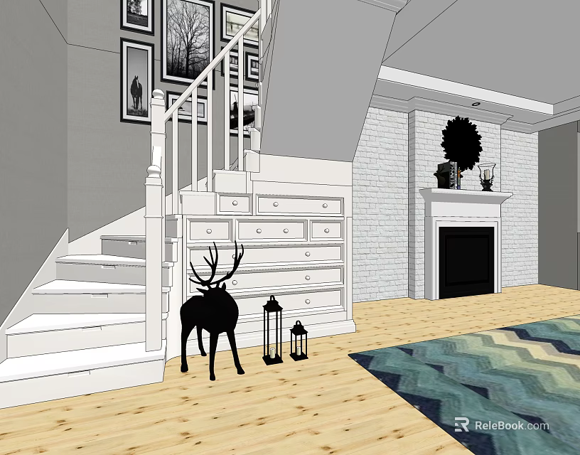 White Staircase With Railing Near Fireplace And Decorative Paintings On Wooden Flooring 3d model 