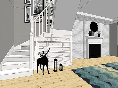White Staircase With Railing Near Fireplace And Decorative Paintings On Wooden Flooring 3d model