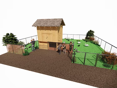 Wooden Shed In Fenced Yard With Green Lawn And People Around 3d model