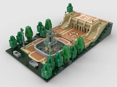 Elaborate Building Blocks Courtyard Model with Classical Structure Fountain Green Trees and Steps 3d model