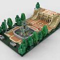 Elaborate Building Blocks Courtyard Model with Classical Structure Fountain Green Trees and Steps 3d model