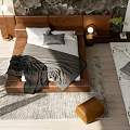 Double Bed Background With Textured Wall Brown Upholstered Gray Bedding Nightstand Lamp Green Plant