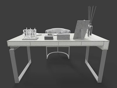 Modern Desk Interior With Glass Candle Holders Small Chair Notepad And Incense Sticks 3d model