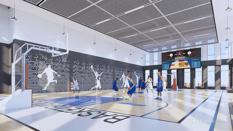 Indoor Basketball Court Fitness Scene With People Playing Basketball Silhouette Wall And Scoreboard 3d model 