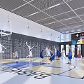 Indoor Basketball Court Fitness Scene With People Playing Basketball Silhouette Wall And Scoreboard