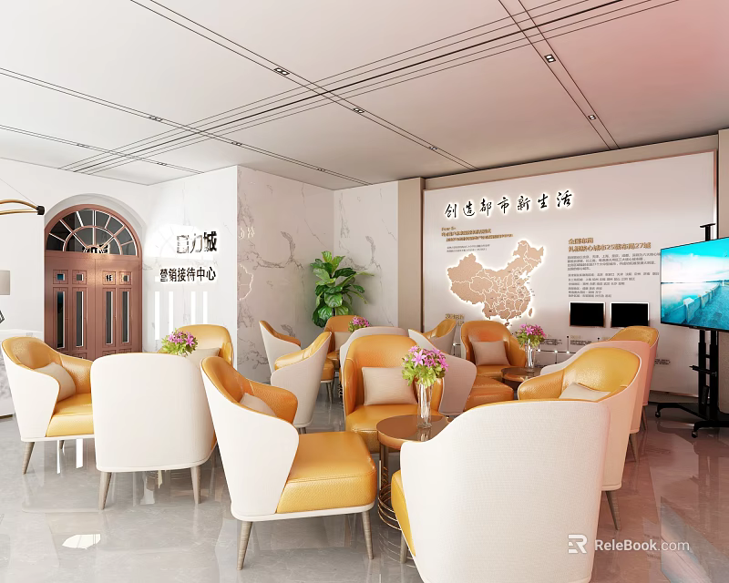 Rural Revitalization Consulting Center Reception Area With Yellow White Sofas Coffee Tables TV And Greenery 3d model 