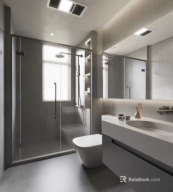 Modern Bathroom Interior Design With Glass Shower Enclosure White Toilet And Vanity With Mirror 3d model 