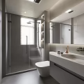 Modern Bathroom Interior Design With Glass Shower Enclosure White Toilet And Vanity With Mirror