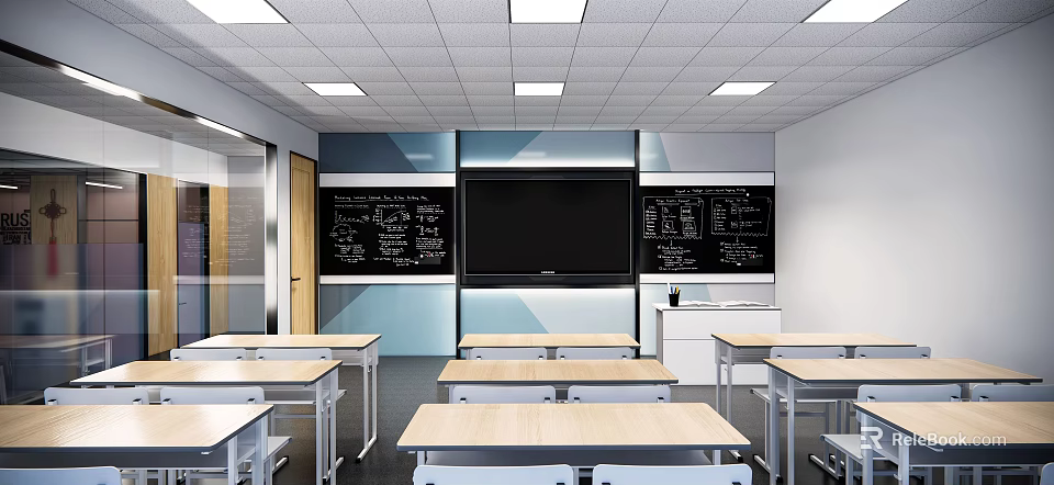 School Classroom With White Desks Chairs Blackboards Writing And Large Screen Ceiling Lighting 3d model 