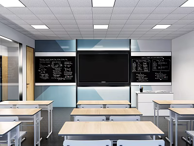 School Classroom With White Desks Chairs Blackboards Writing And Large Screen Ceiling Lighting 3d model