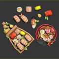 Japanese Food Display With Sushi Rolls Ramen Tempura In Wooden Tray And Bowl