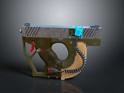 Futuristic Sci Fi Weapon With Green Brown Frame Blue Component And Coiled Cable 3d model