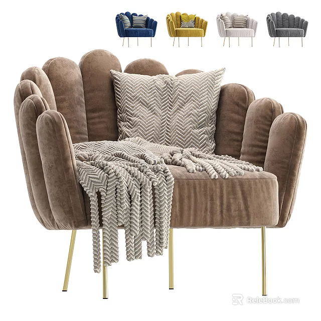 Single Taupe Velvet Sofa with Petal Backrest Gold Metal Legs Chevron Pillow and Throw Blanket 3d model 