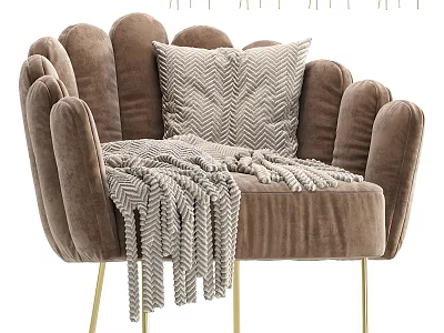Single Taupe Velvet Sofa with Petal Backrest Gold Metal Legs Chevron Pillow and Throw Blanket 3d model