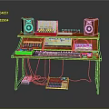 Wooden Music Production Workstation With Speakers Keyboard Mixing Gear And Audio Cables