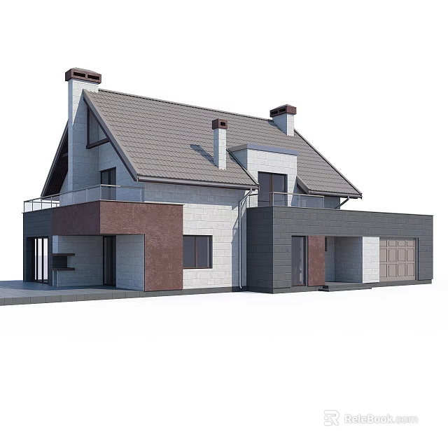 Detached Villa Exterior With Gabled Tile Roof Brick Stone Walls Balcony And Garage 3d model 
