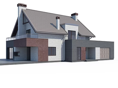 Detached Villa Exterior With Gabled Tile Roof Brick Stone Walls Balcony And Garage 3d model