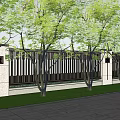 Modern Building Exterior Wall With Stone Columns Metal Railings Green Trees Lawn And Stone Pavement