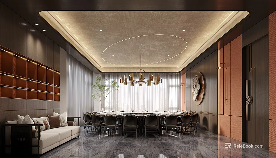 Modern Private Dining Room Interior With Round Table Chandelier Sofa And Decorative Wall 3d model 