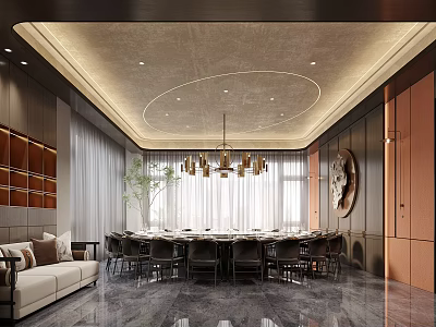 Modern Private Dining Room Interior With Round Table Chandelier Sofa And Decorative Wall 3d model
