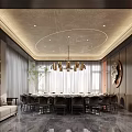 Modern Private Dining Room Interior With Round Table Chandelier Sofa And Decorative Wall