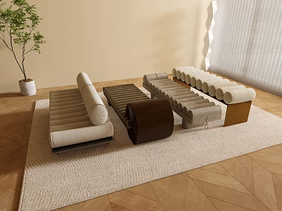 Modern Sofa Coffee Table Combination With Beige Upholstery And Wooden Accents In Living Room 3d model