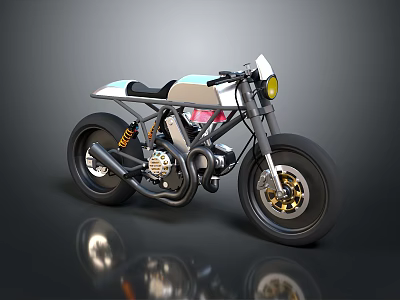 Custom Retro Style Motorcycle With White Fuel Tank Black Seat And Gold Alloy Wheels 3d model