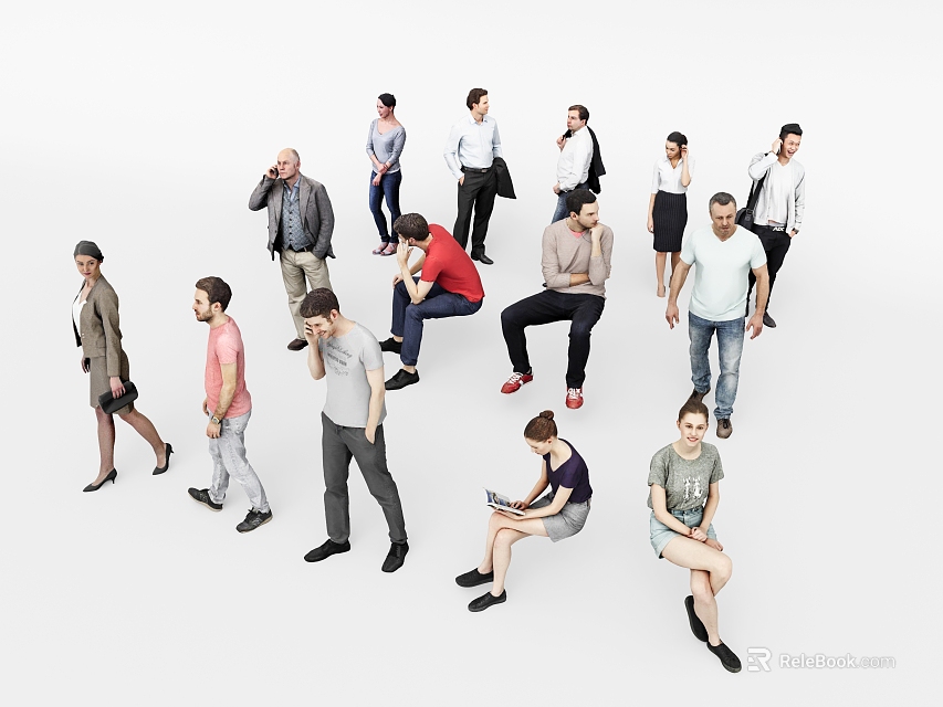 Group of People in Different Poses Standing Sitting and Talking with Diverse Clothing Styles 3d model 